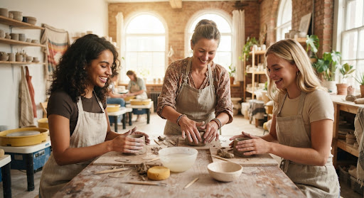 Atelier céramique entre femmes dans un atelier lumineux